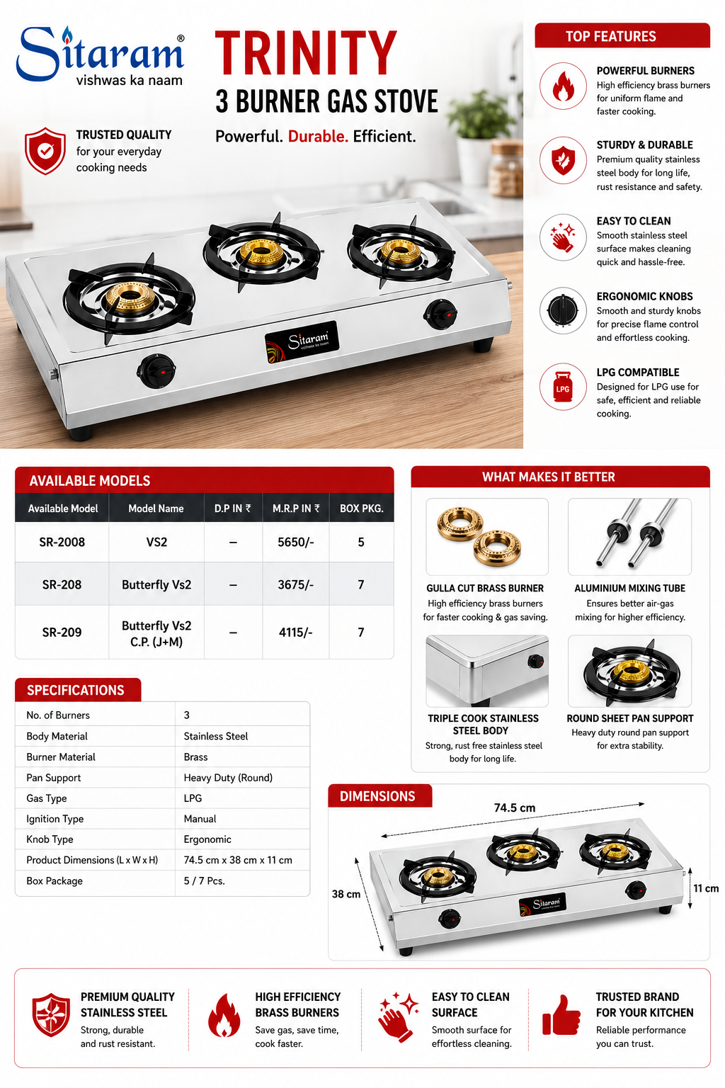 Sitaram Trinity 3 Burner Gas Stove | Stainless Steel Body | Brass Burners | Manual Ignition LPG Gas Stove | Heavy Duty Round Pan Support | Silver