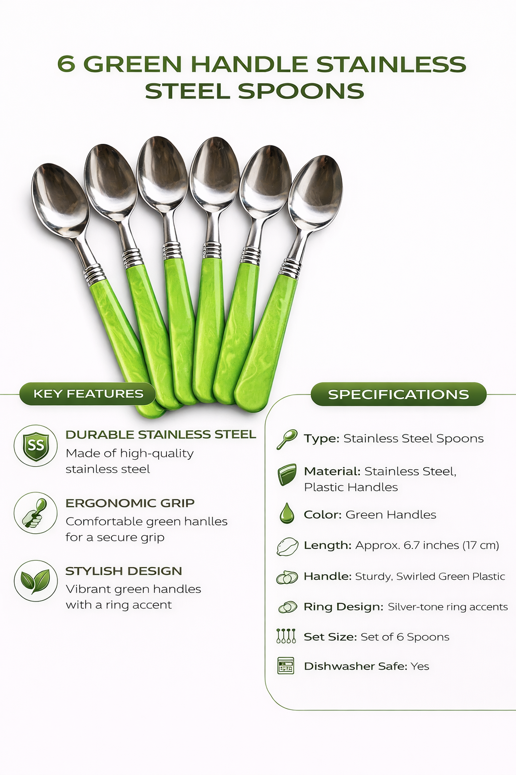 Stainless Steel Spoon Set (6-Piece) – Durable Tea & Dessert Spoons with Ergonomic Green Handles, Rust-Resistant, Dishwasher Safe, Stylish Everyday Cutlery