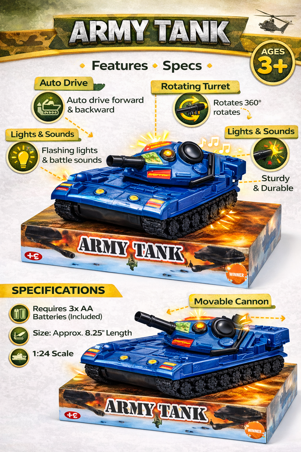 Toy Army Tank for Boys 3+ – 1:24 Scale Battery Operated Military Vehicle with 360° Rotating Turret,