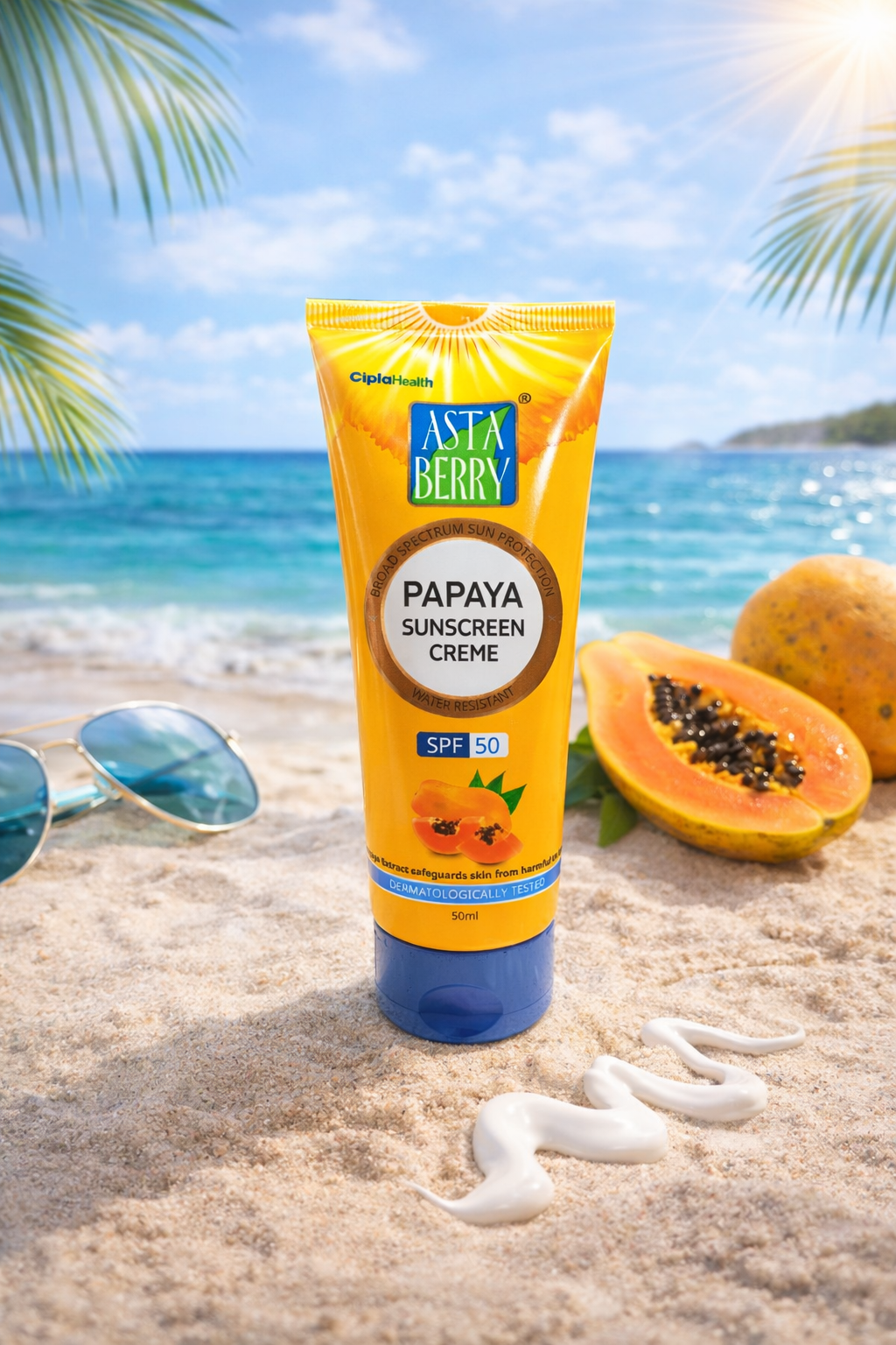 Asta Berry Papaya Sunscreen Cream SPF 50, Broad Spectrum UVA/UVB Protection, Water-Resistant Nourishing Sunscreen with Papaya Extract
