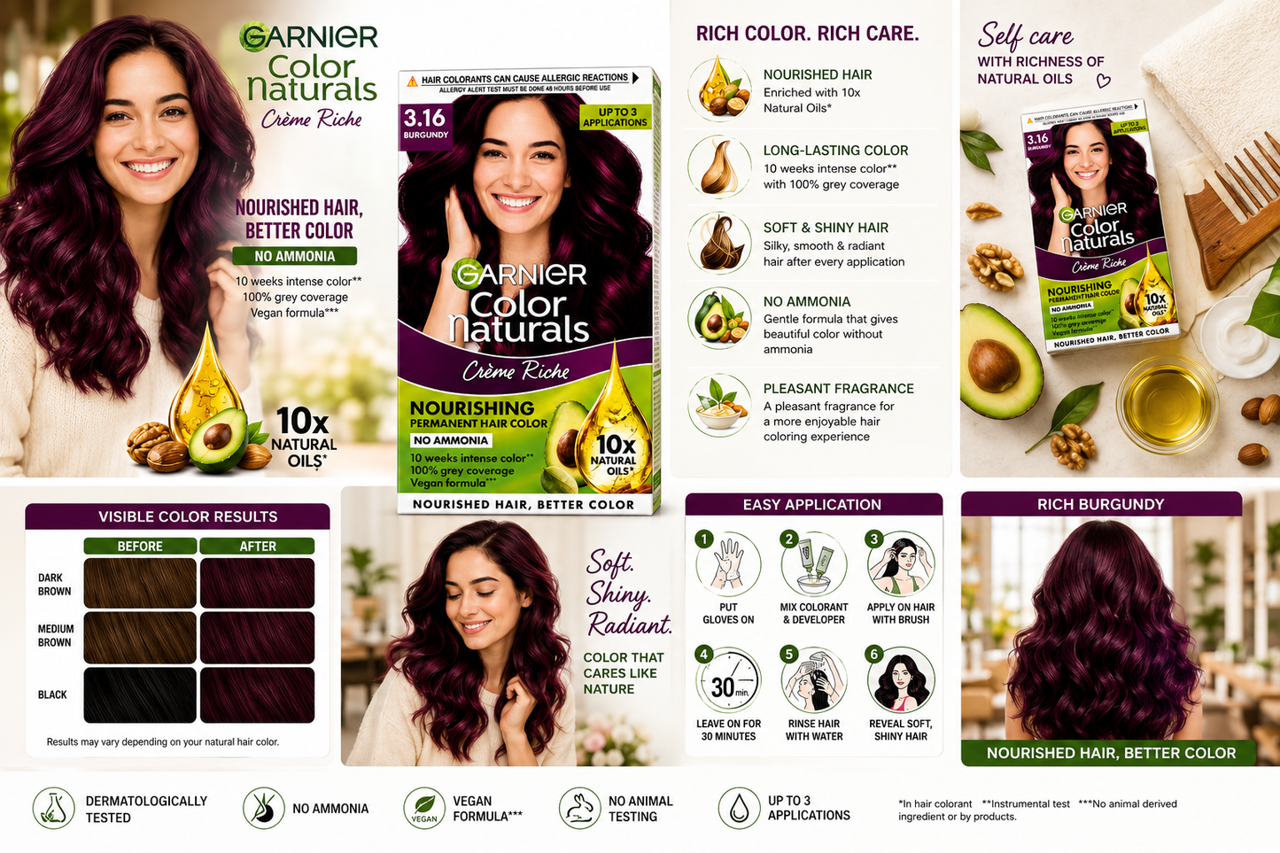 Garnier Color Naturals Crème Riche 3.16 Burgundy | Permanent Hair Color | 100% Grey Coverage | Ammonia-Free Formula with Natural Oils | Nourishing Hair Colour
