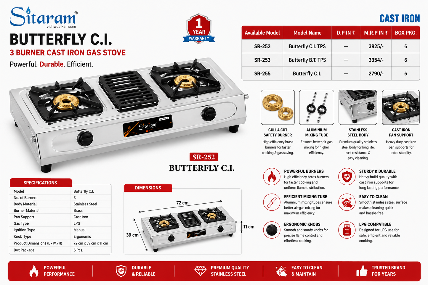 Sitaram Butterfly C.I. 3 Burner Gas Stove | Cast Iron Pan Support | Brass Burners | Stainless Steel Body | Manual Ignition LPG Gas Stove | SR-252