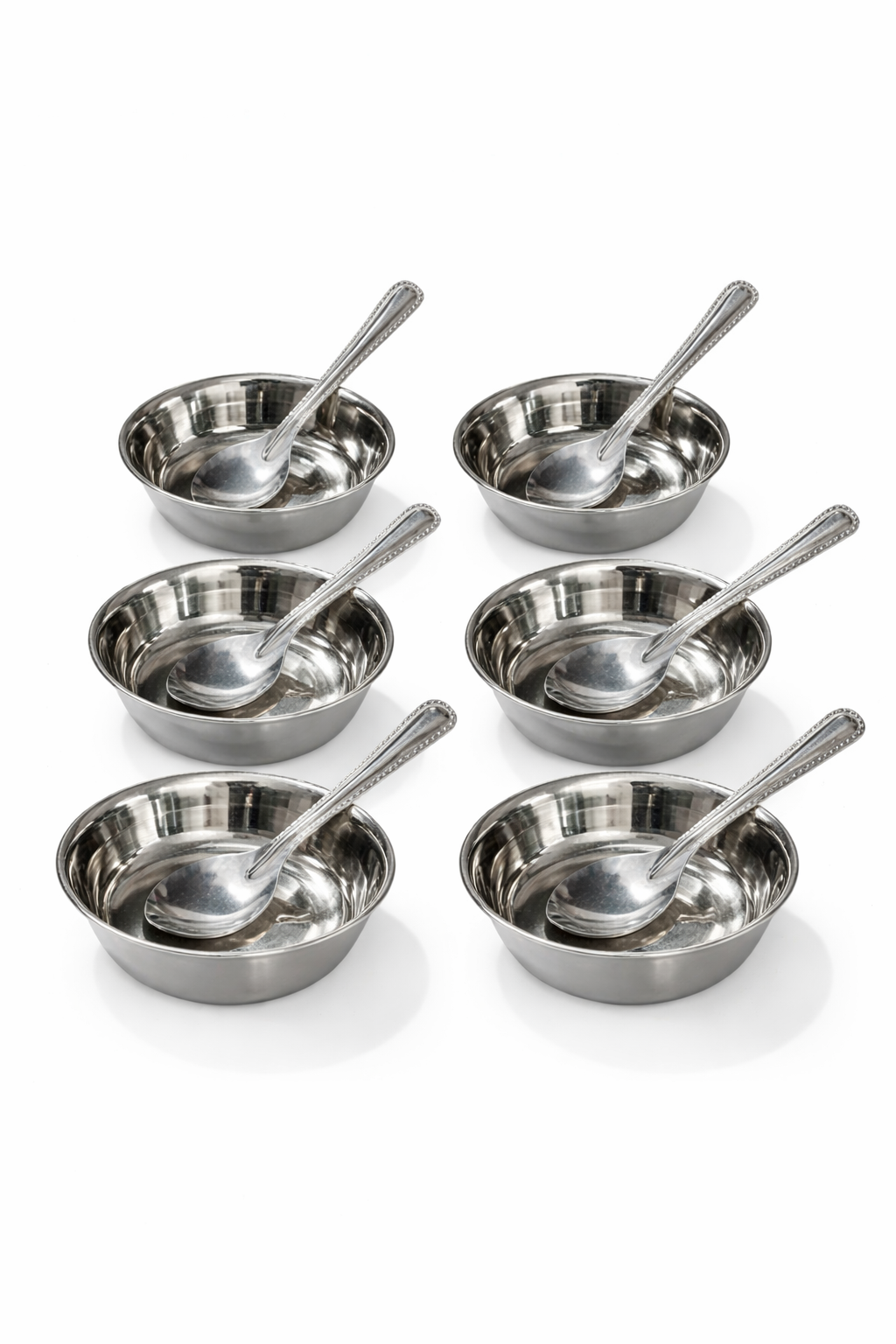 Stainless Steel Bowl Set with Teaspoons (12 Pieces) | 6 Katori Bowls + 6 Spoons | Food Grade Steel | Rust Resistant | Dishwasher Safe Kitchen Set