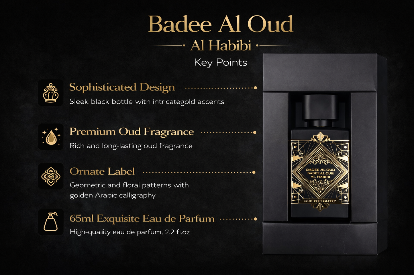 Badee Al Oud Al Habibi Black Eau De Parfum 65ml – Premium Oud Perfume | Long Lasting Arabic Fragrance | Luxury Black Bottle Perfume for Men & Women