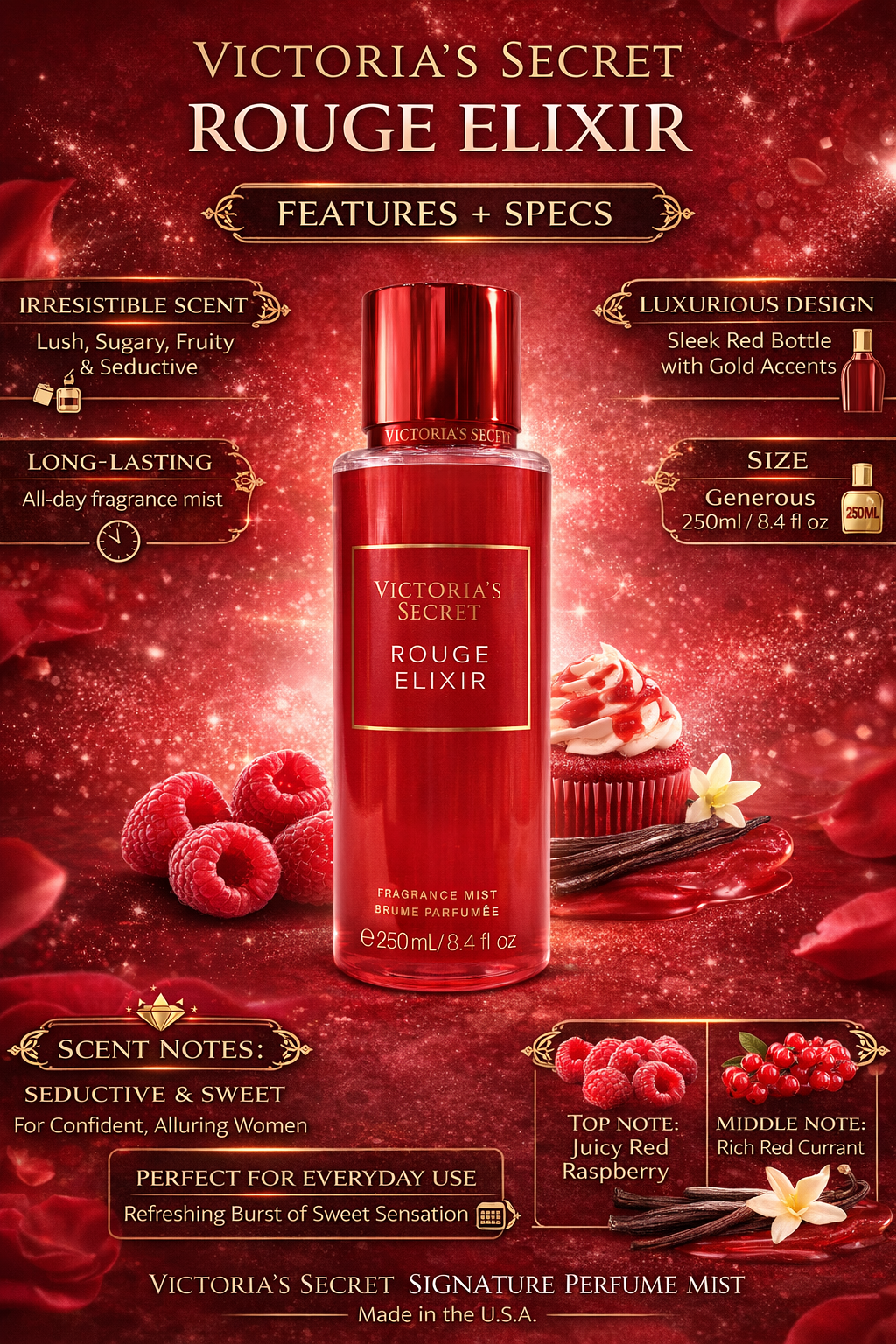 Victoria’s Secret Rouge Elixir Fragrance Mist for Women | 250ml Long-Lasting Body Mist | Sweet Fruity Perfume with Raspberry & Red Currant Notes
