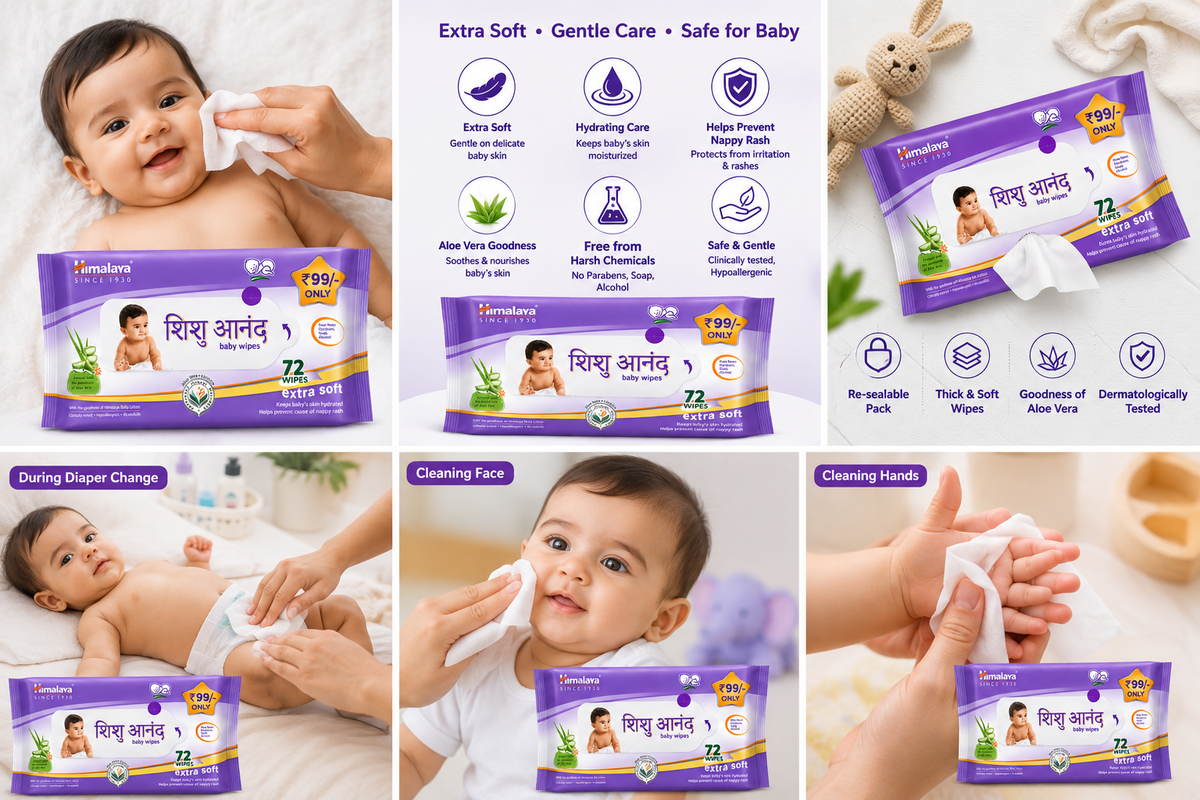 Himalaya Shishu Anand Baby Wipes, 72 Extra Soft Wipes with Aloe Vera & Licorice, Gentle Baby Wipes for Diaper Change, Face, Hands & Body, Resealable Pack