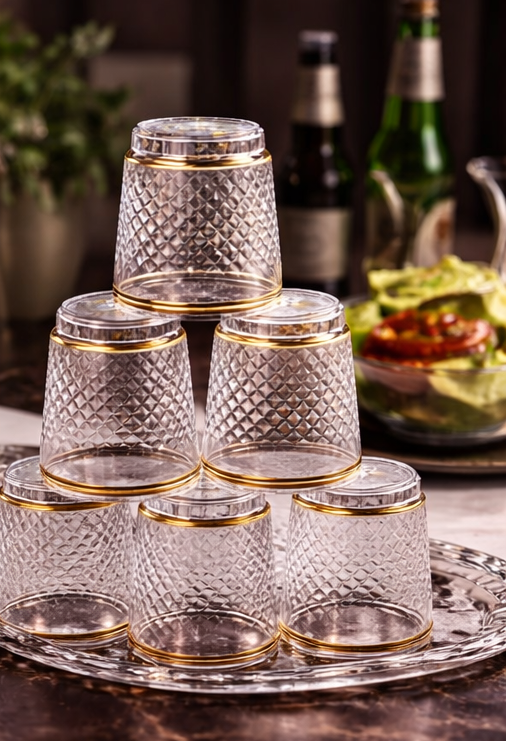Clear Plastic Glass Set with Serving Tray (6 Glasses) | Transparent Premium Drinkware Set with Gold Rim | Lightweight, Durable & Reusable | Perfect for Juice, Water, Mocktails & Serving Guests