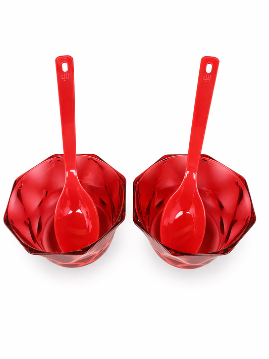 Red Translucent Bowl & Spoon Set (2-Piece) – Stylish Octagonal Plastic Snack & Dessert Bowls with Spoons