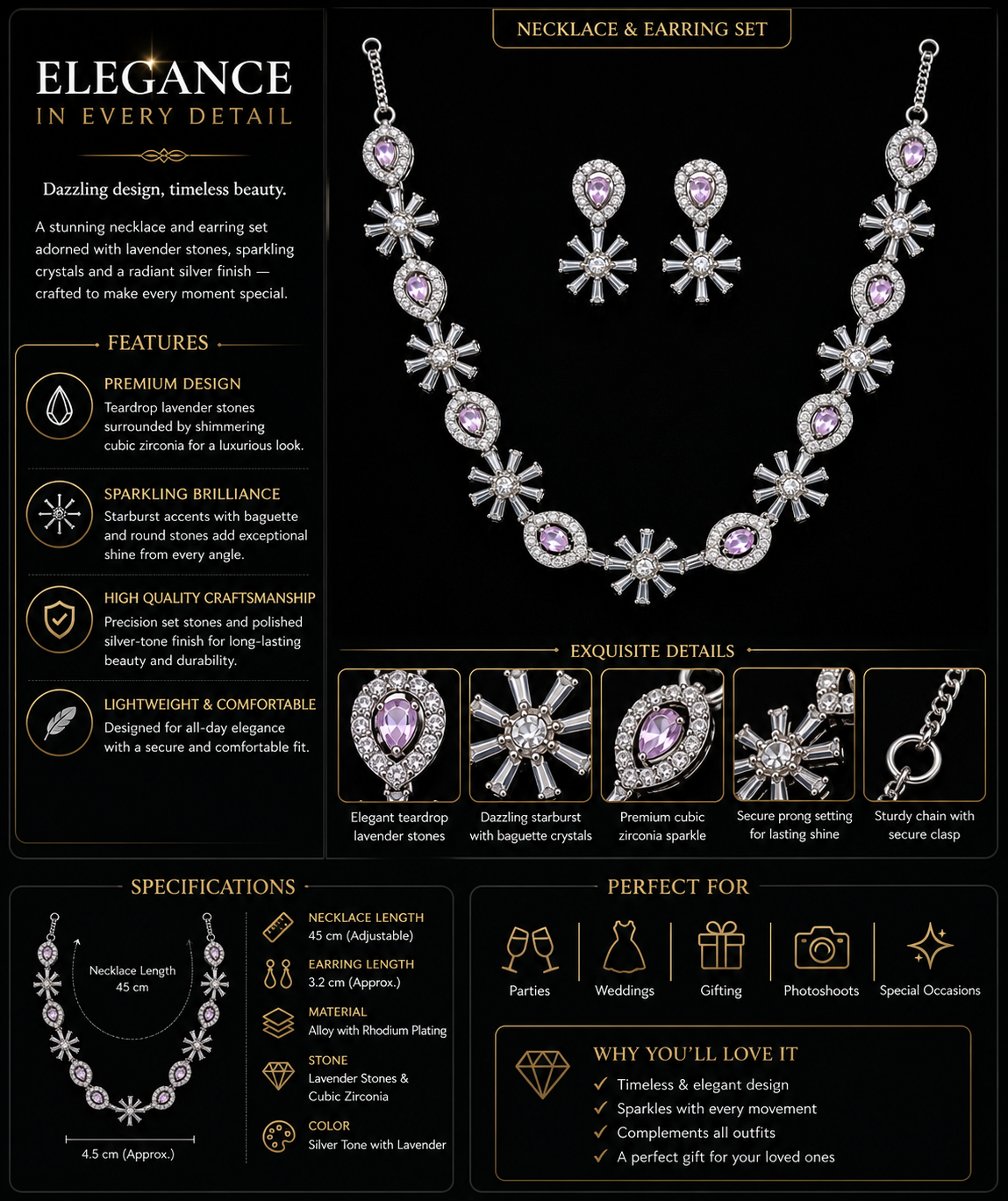 A stunning necklace and earring set adorned with lavender stones, sparkling crystals, and a radiant silver finish — crafted to make every moment special.