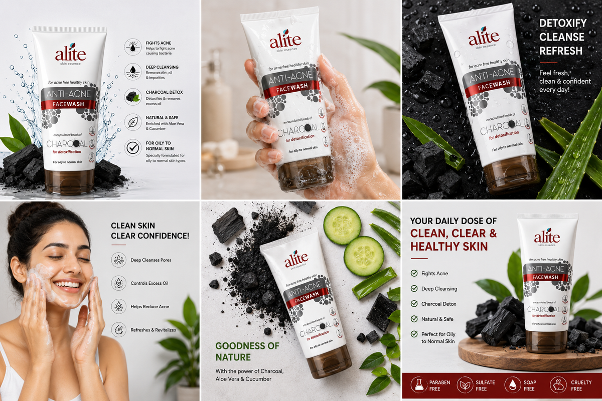 Alite Anti-Acne Facewash with Charcoal, Aloe Vera & Cucumber Extract, Deep Cleansing & Oil Control Face Wash for Oily to Normal Skin, Paraben Free, Sulfate Free, Soap Free, 70 g