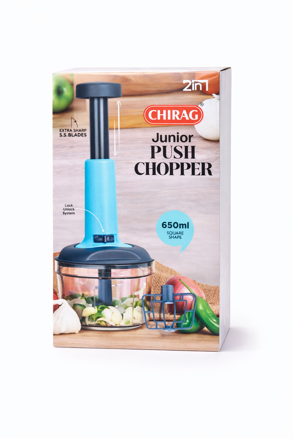 Chirag Junior Push Chopper 650ml | Manual Vegetable Chopper with Stainless Steel Blades | 2-in-1 Chopper & Whisker | Easy Push Operation | Kitchen Food Processor for Onion, Garlic & Vegetables