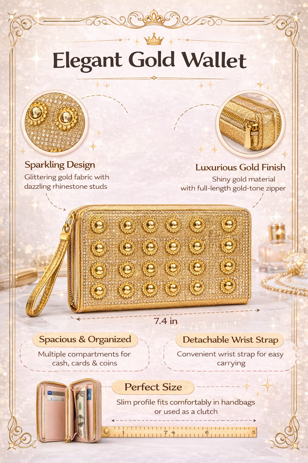 Women's Gold Zip Around Wallet with Rhinestone Studs, Wrist Strap and Multiple Compartments