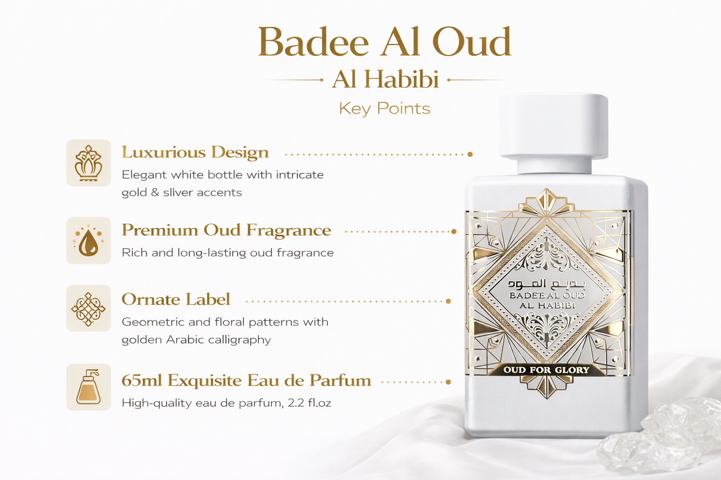 Badee Al Oud Al Habibi Eau De Parfum 65ml – Premium Oud Perfume | Long Lasting Arabic Fragrance | Luxury White Bottle Perfume for Men & Women