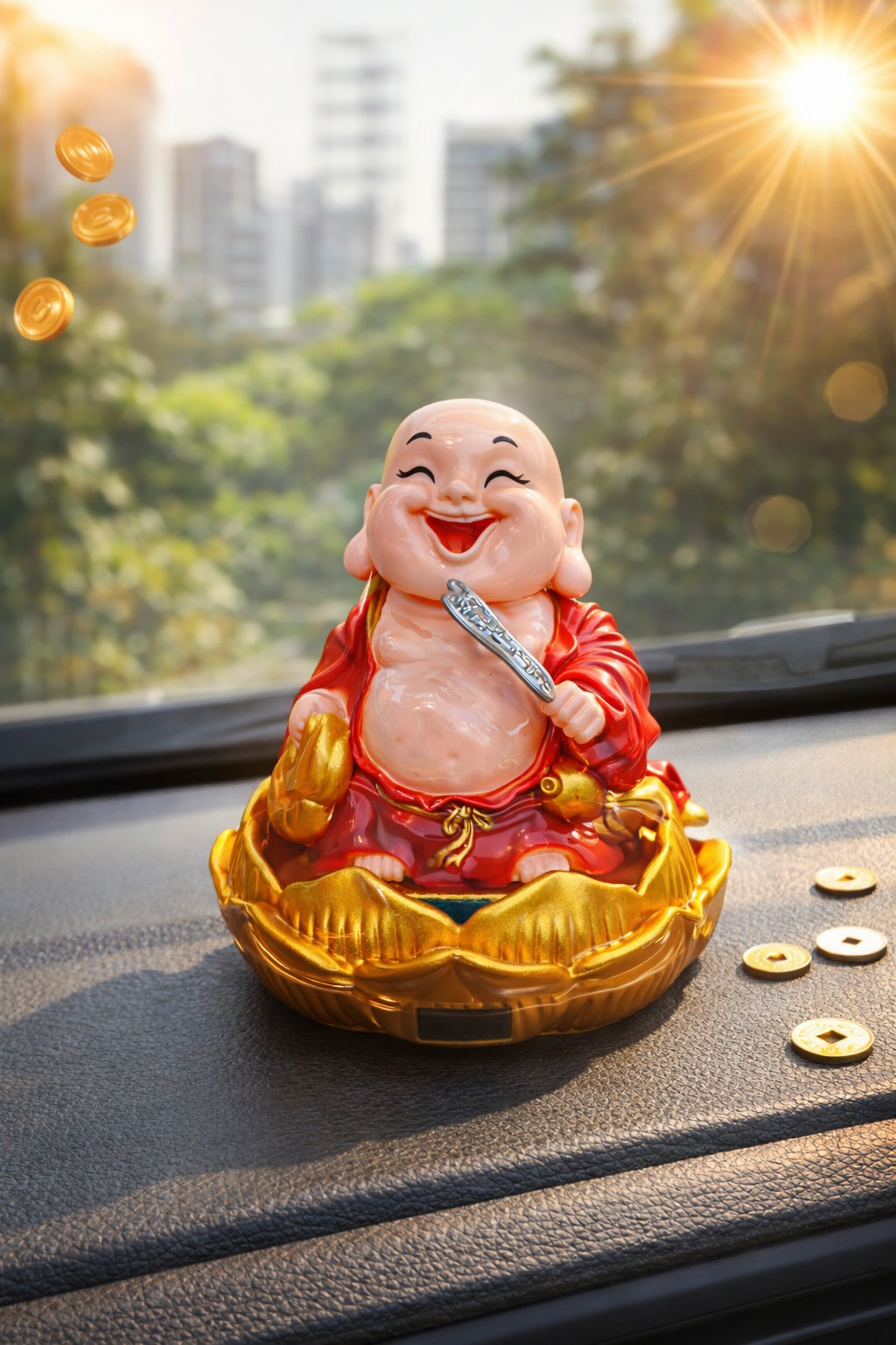 Laughing Buddha Solar Figurine for Home Decor | Feng Shui Wealth & Happiness Idol with Golden Lotus Base