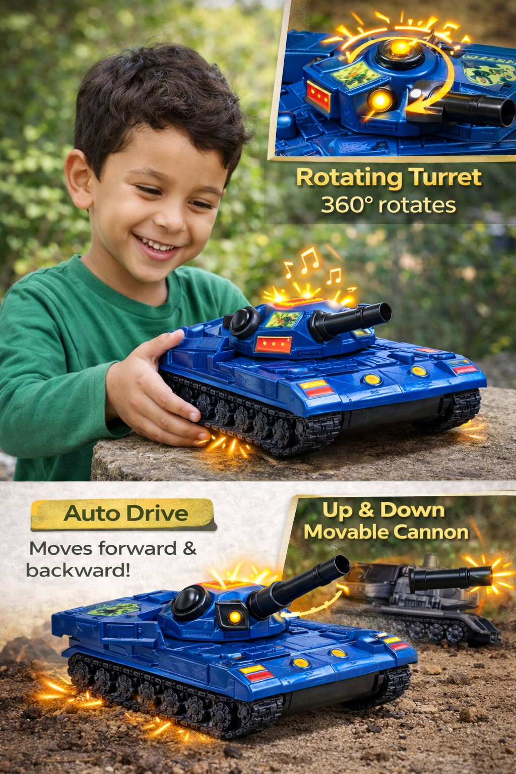 Toy Army Tank for Boys 3+ – 1:24 Scale Battery Operated Military Vehicle with 360° Rotating Turret,