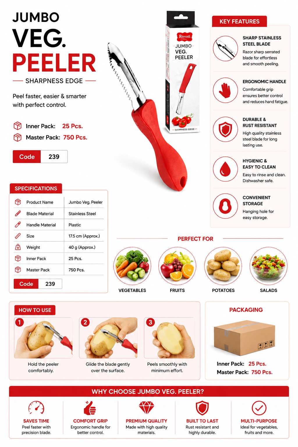 Royal Jumbo Vegetable Peeler, Stainless Steel Serrated Blade Fruit & Veg Peeler, Ergonomic Handle, Rust Resistant Kitchen Peeler for Potato, Carrot, Cucumber, Apple & Fruits, Red