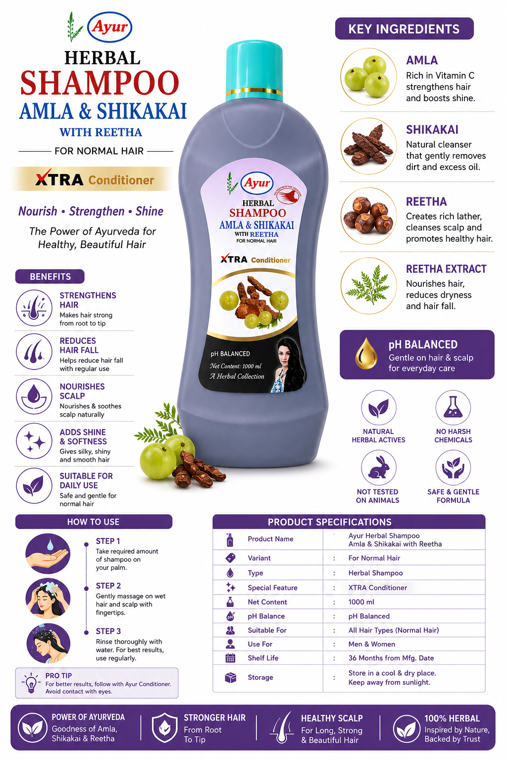 Ayur Herbal Shampoo Amla & Shikakai with Reetha, Xtra Conditioner, pH Balanced Herbal Shampoo for Normal Hair, Men & Women, 1000 ml