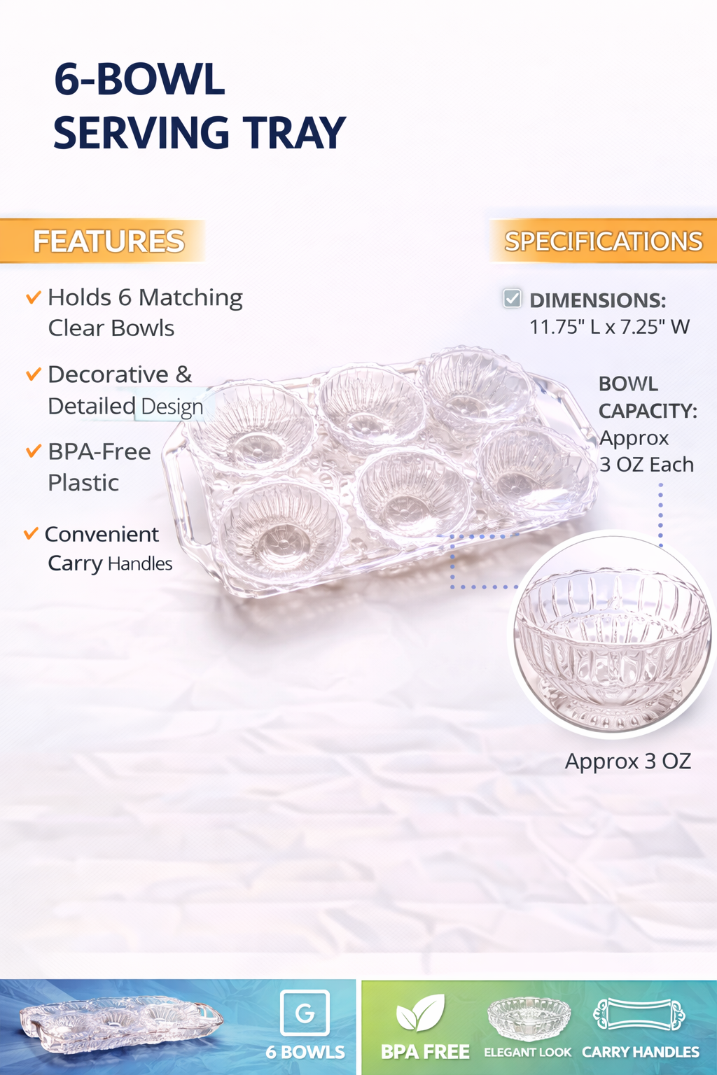 6 Bowl Serving Tray Set with Clear Plastic Bowls – BPA-Free Snack & Dip Serving Platter with Handles – Decorative Appetizer Tray for Parties, Dry Fruits, Snacks & Condiments