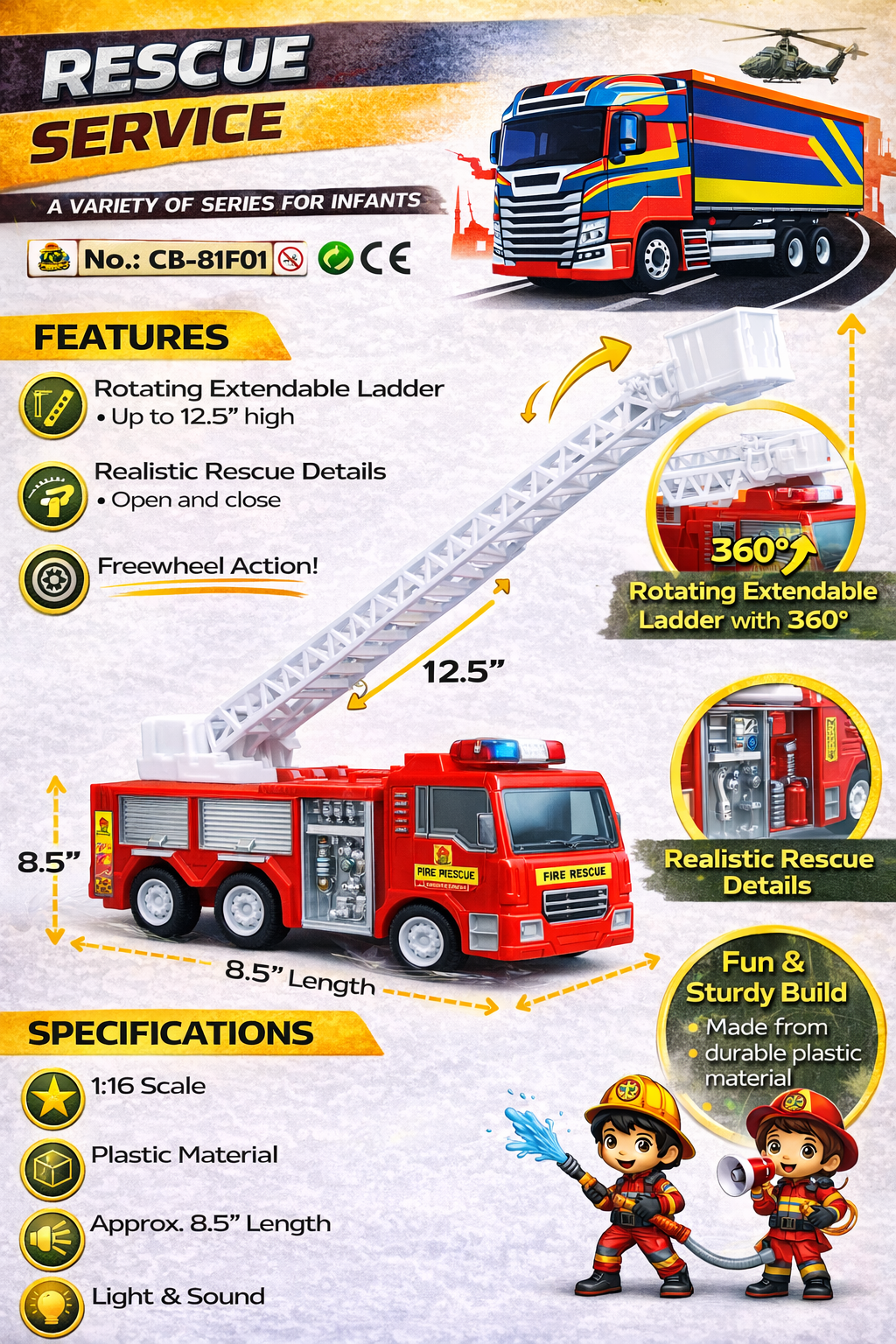 1:16 Scale Fire Truck Toy with 360° Rotating Extendable Ladder (12.5”)