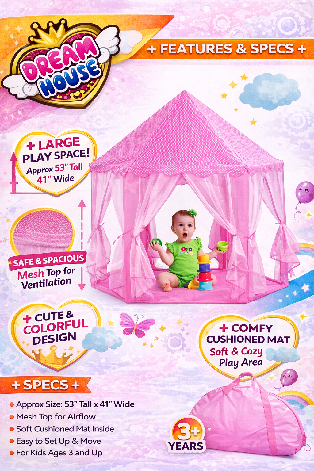 Kids Play Tent Princess House (3+ Years) – Large Indoor Play Tent with Cushioned Mat, Mesh Ventilation, Foldable Playhouse for Girls