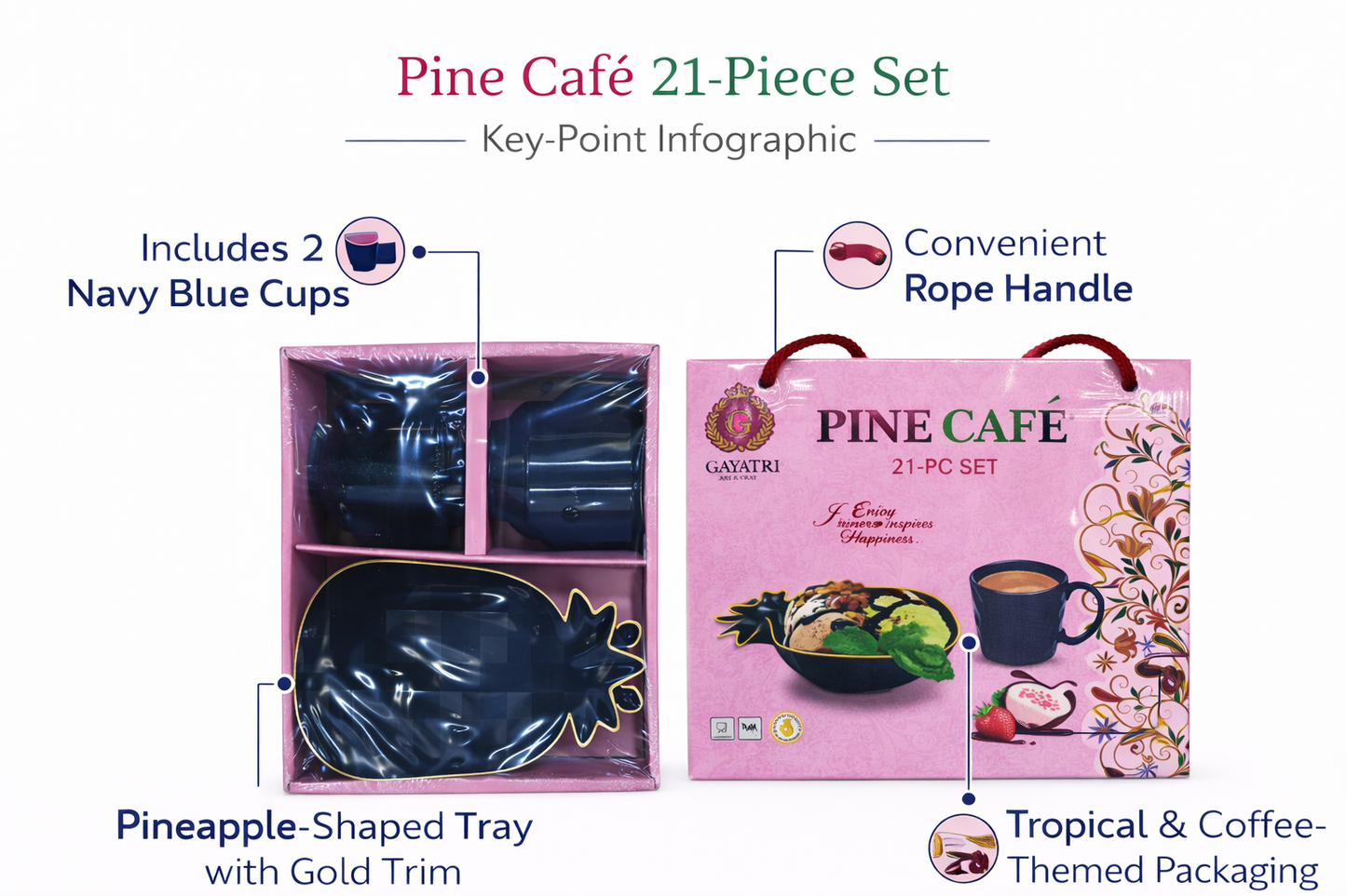 Pine Café 21-Piece Snack & Coffee Set with Pineapple Tray & 2 Cups | Premium Ceramic Serving Set