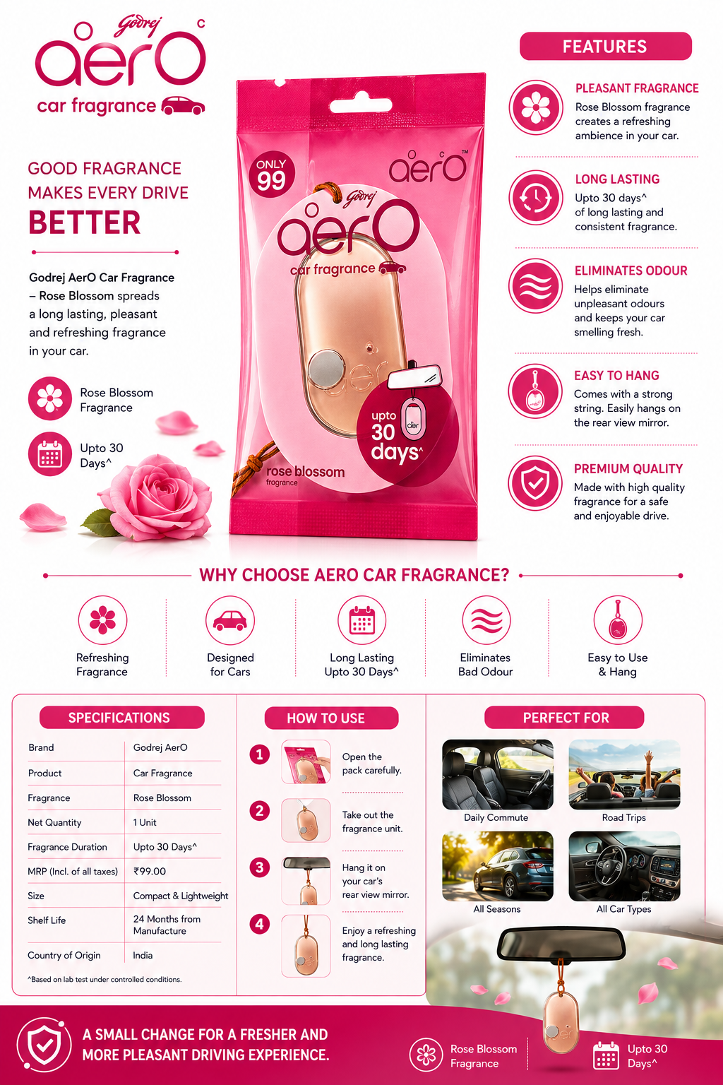 Godrej AerO Car Fragrance, Rose Blossom | Car Perfume for Fresh & Pleasant Ambience | Long Lasting Fragrance Up to 30 Days | Easy to Hang | 1 Unit