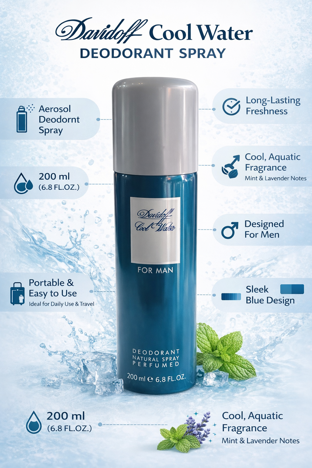 Davidoff Cool Water Deodorant Spray for Men, 200ml – Long Lasting Freshness, Aquatic Fragrance with Mint & Lavender Notes, Body Spray for Daily Use