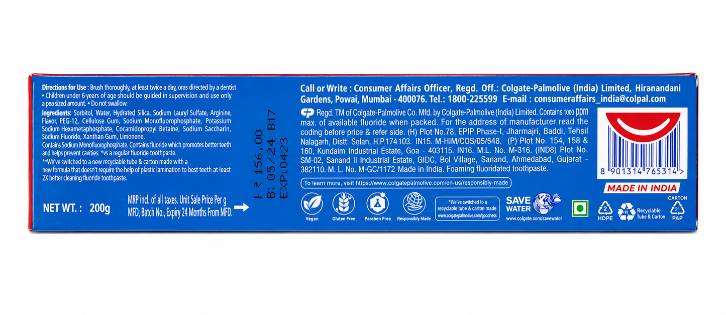 Colgate Strong Teeth Toothpaste 200g | Anticavity Dental Cream with Calcium Boost & Arginine | Stronger Teeth & Cavity Protection | Fresh Breath Toothpaste