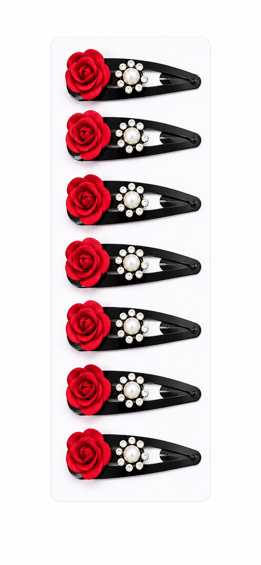 Harmal Store Elegant Rose Pearl Hair Clips – 12-Piece Set (1 Patta) of Chic Floral Snap Clips with Sparkling Rhinestones and Classic Pearls –
