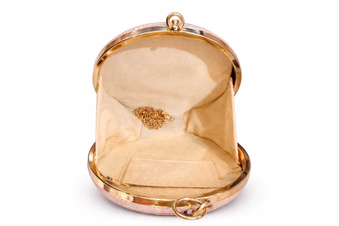 Rose Gold Glitter Clutch for Women | Rhinestone Ring Handle Evening Bag with Gold-Tone Frame & Satin Lining | Stylish Wedding, Party & Bridal Handbag