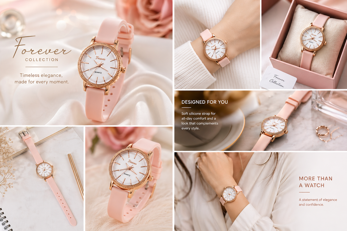 Forever Collection Women’s Analog Watch with Rose Gold Dial, Soft Silicone Strap, Quartz Movement,