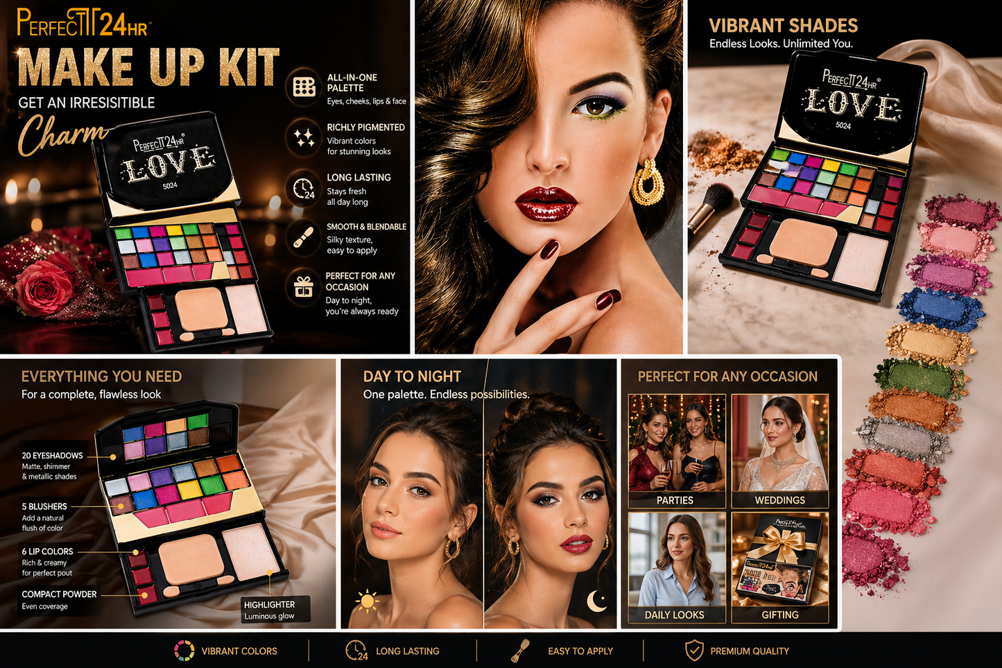 Harmal Store Perfect 24HR All-in-One Makeup Kit (Item No: 5024) – Professional Makeup Palette with 20 Eyeshadows, 5 Blushers, 6 Lip Colors, Compact Powder, and Highlighter