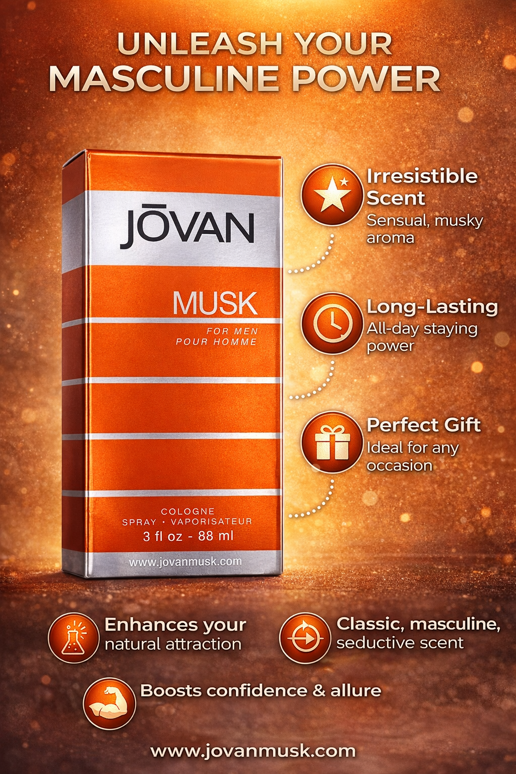 Jovan Musk Cologne Spray for Men 88ml – Long Lasting Musky Masculine Fragrance | Classic Seductive Scent | Daily Wear & Evening Use