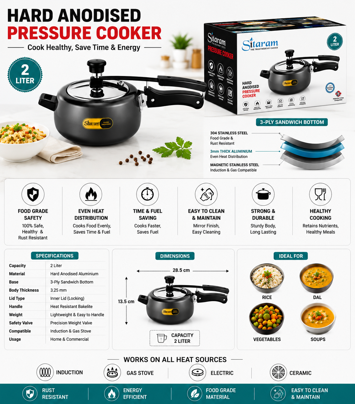 Sitaram Hard Anodised Pressure Cooker 2 Litre | Inner Lid Pressure Cooker | 3 Ply Sandwich Bottom | Induction & Gas Compatible | Hard Anodized Aluminium Cooker | Black