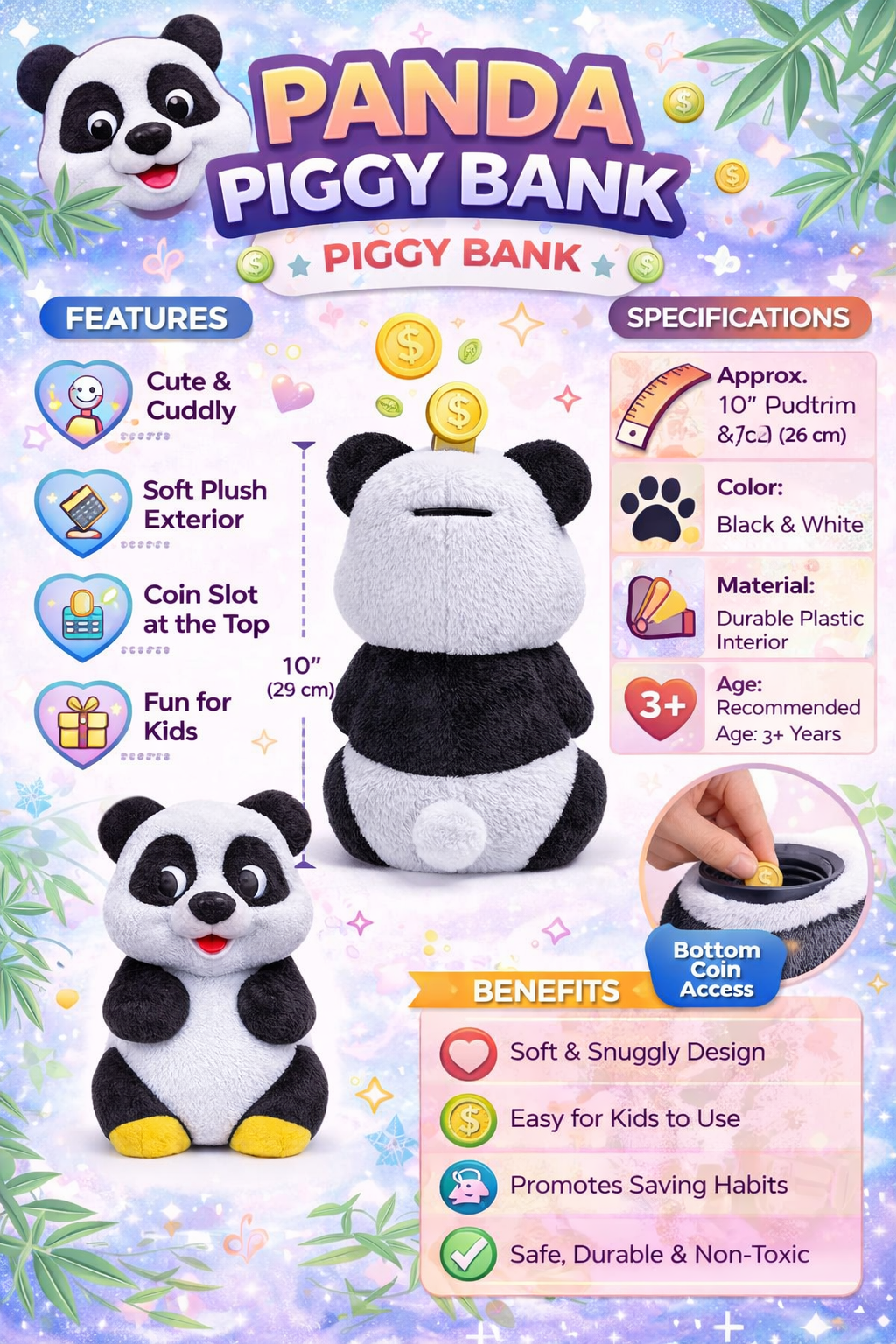 Panda Piggy Bank for Kids, 10 Inch Cute Plush Coin Bank, Soft Toy Money Saving Box with Coin Slot & Bottom Access, Gift for Boys & Girls (3+ Years)