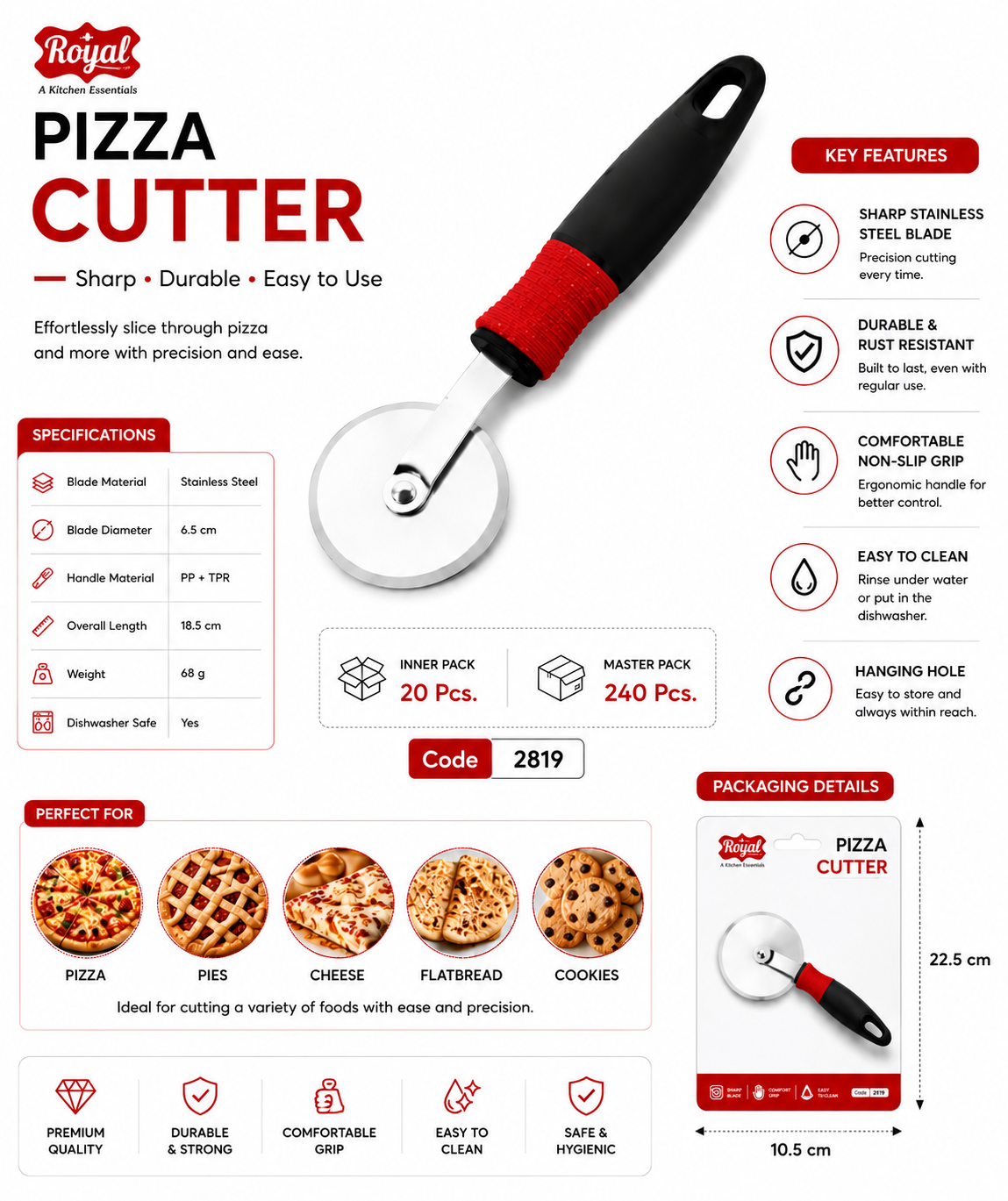 Royal Pizza Cutter Wheel, Stainless Steel Sharp Blade Pizza Slicer with Ergonomic Non-Slip Handle, Rust Resistant, Easy to Clean Pizza Cutter for Pizza, Pie, Flatbread, Cheese & Cookies