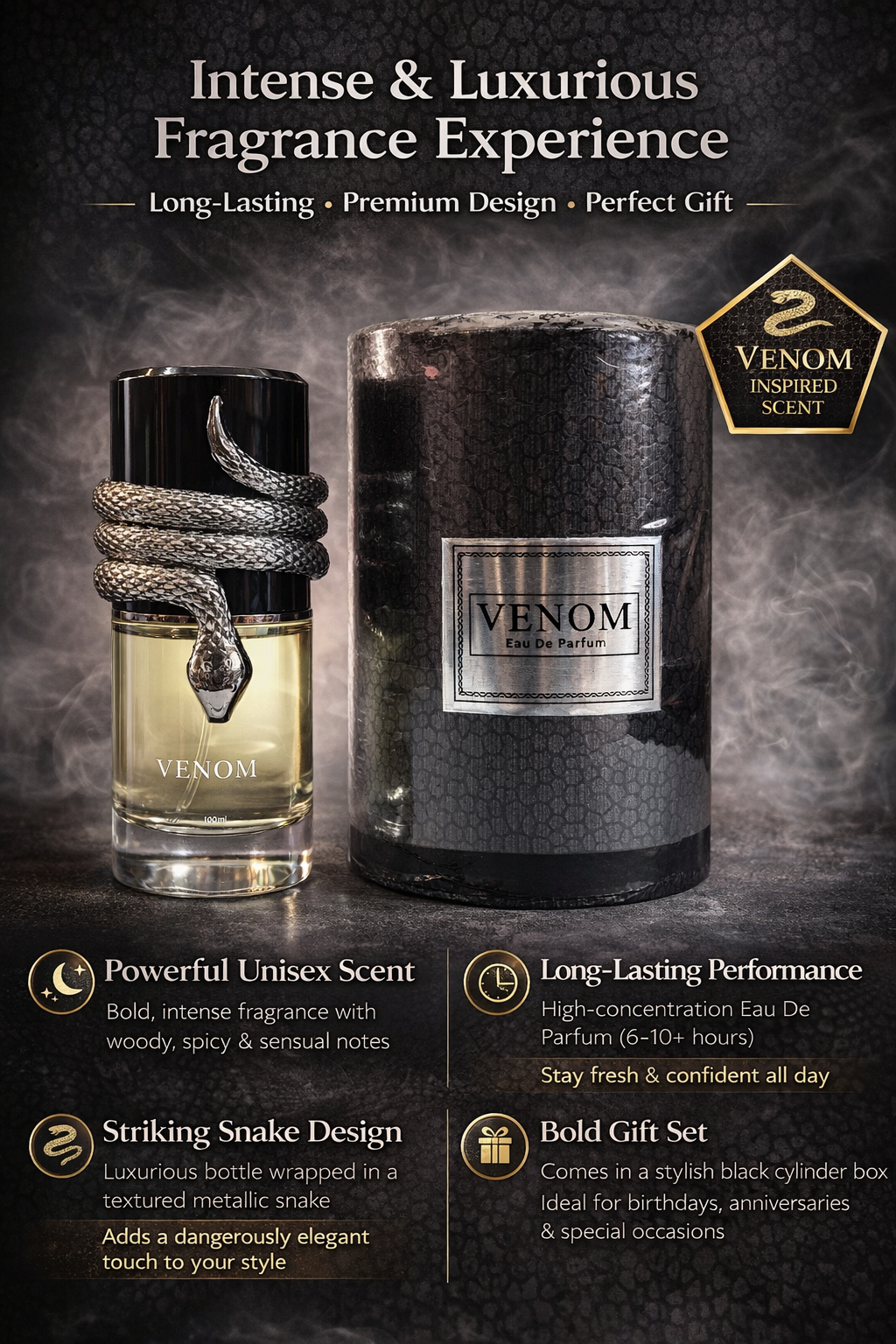 Venom Inspired Perfume Eau De Parfum – Long-Lasting Unisex Fragrance with Woody & Spicy Notes – Luxury Snake Design Bottle with Premium Gift Box