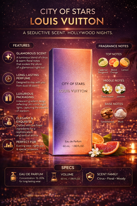 Louis Vuitton City of Stars Eau De Parfum, Luxury Citrus Floral Woody Perfume with Bergamot Jasmine & Sandalwood Notes, 60ml
