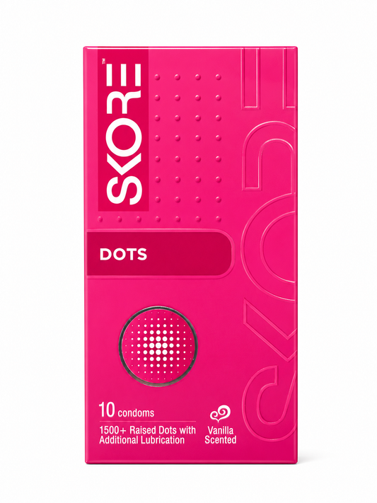 SKORE Dots Condoms, 10 Count | 1500+ Raised Dots | Extra Lubricated | Vanilla Scented | Ultra Thin Natural Rubber Latex Condoms | 53 ± 2 mm Width