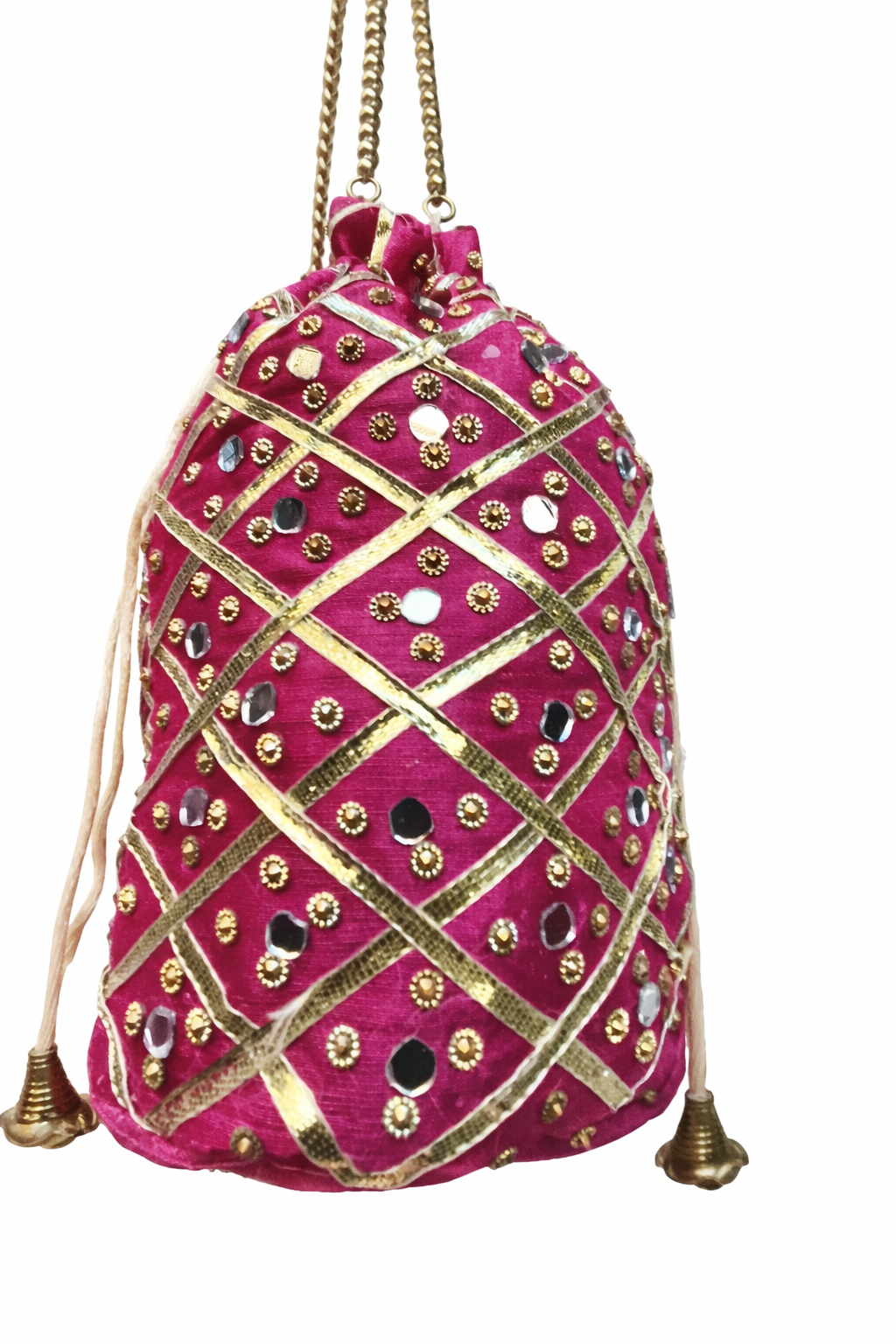 Magenta Potli Bag for Women, Embroidered Drawstring Clutch with Rhinestones, Golden Lattice Design,
