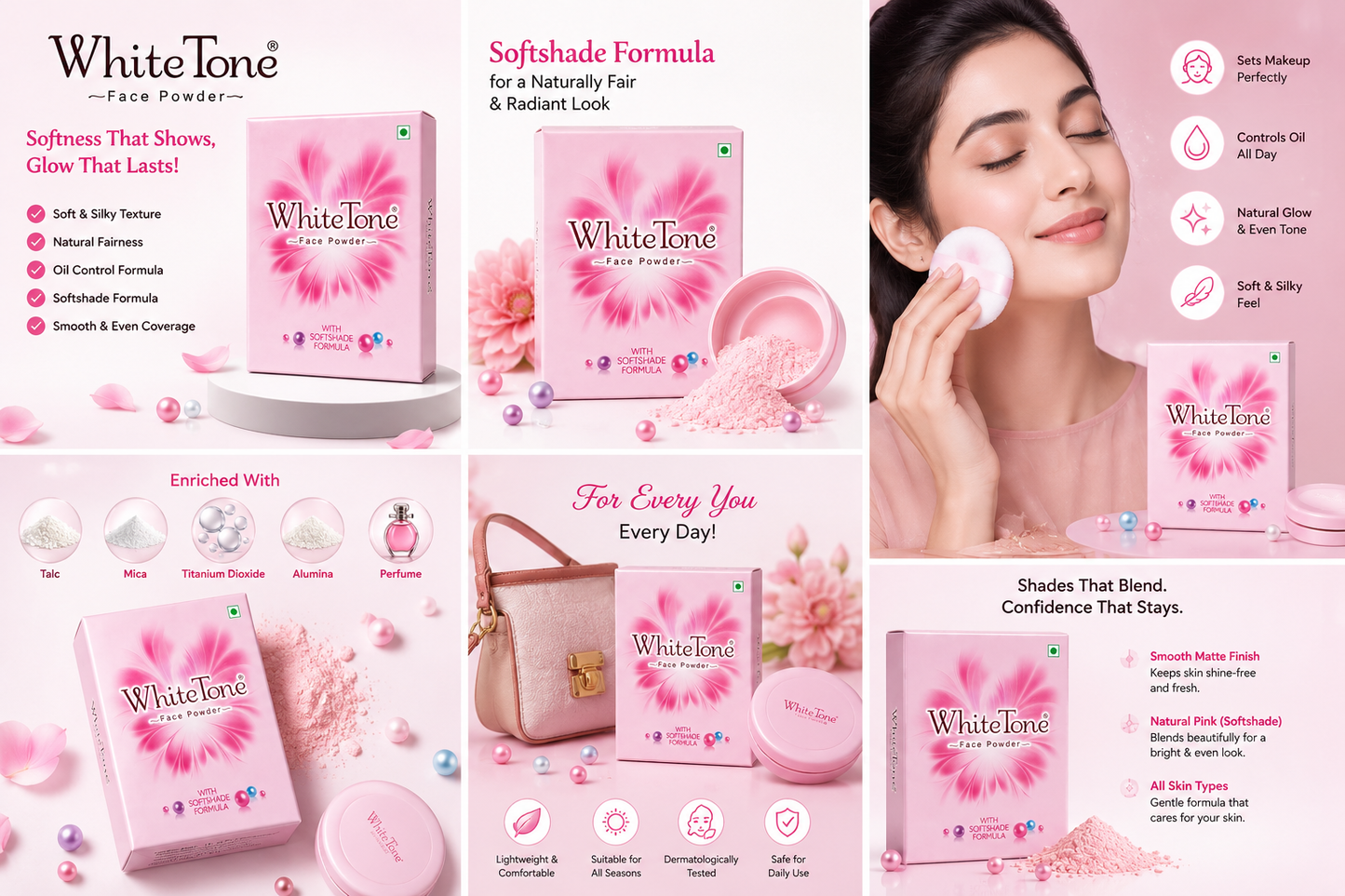 White Tone Face Powder with Softshade Formula | Oil Control Compact Powder | Smooth Matte Finish | Natural Pink Glow |