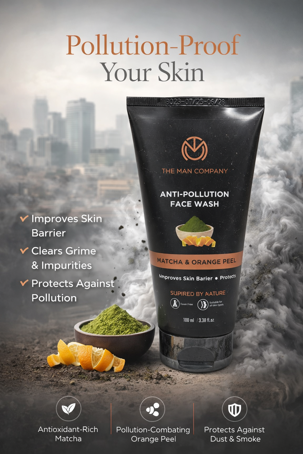 The Man Company Anti-Pollution Face Wash with Matcha & Orange Peel, Deep Cleansing Face Wash for Men, 100ml