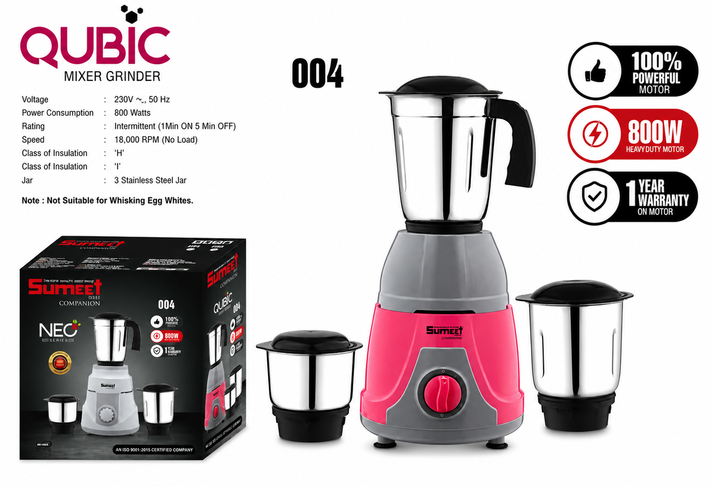 Qubic 004 Mixer Grinder 800 Watts | 3 Stainless Steel Jars | Heavy Duty Copper Motor | 18,000 RPM | Multipurpose Kitchen Mixer Grinder | 1 Year Motor Warranty