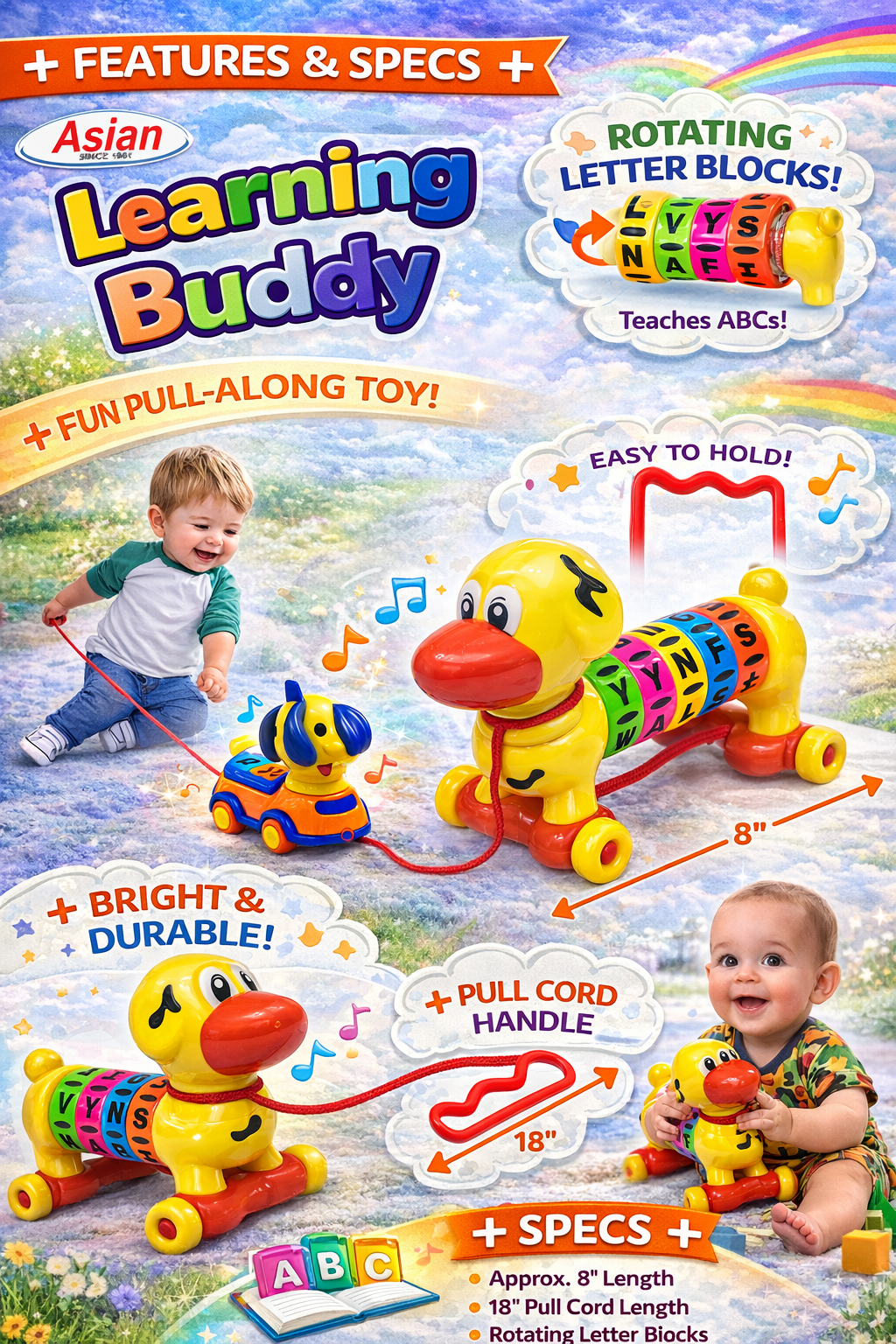 Learning Buddy Pull Along Toy for Kids (1+ Years) – Alphabet Learning Duck with Rotating Letter Blocks, Educational ABC Toy