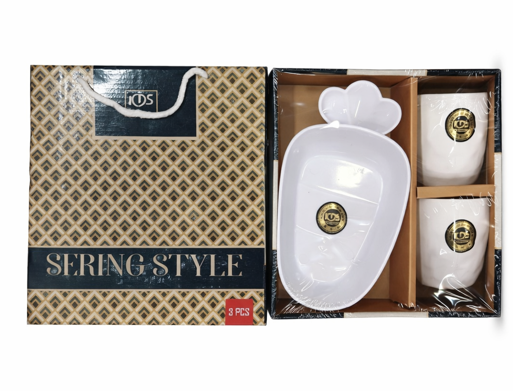 3-Piece Ceramic Serving Set with Bowls & Designer Serving Dish | Premium Snack Serving Set with Gold Emblem |