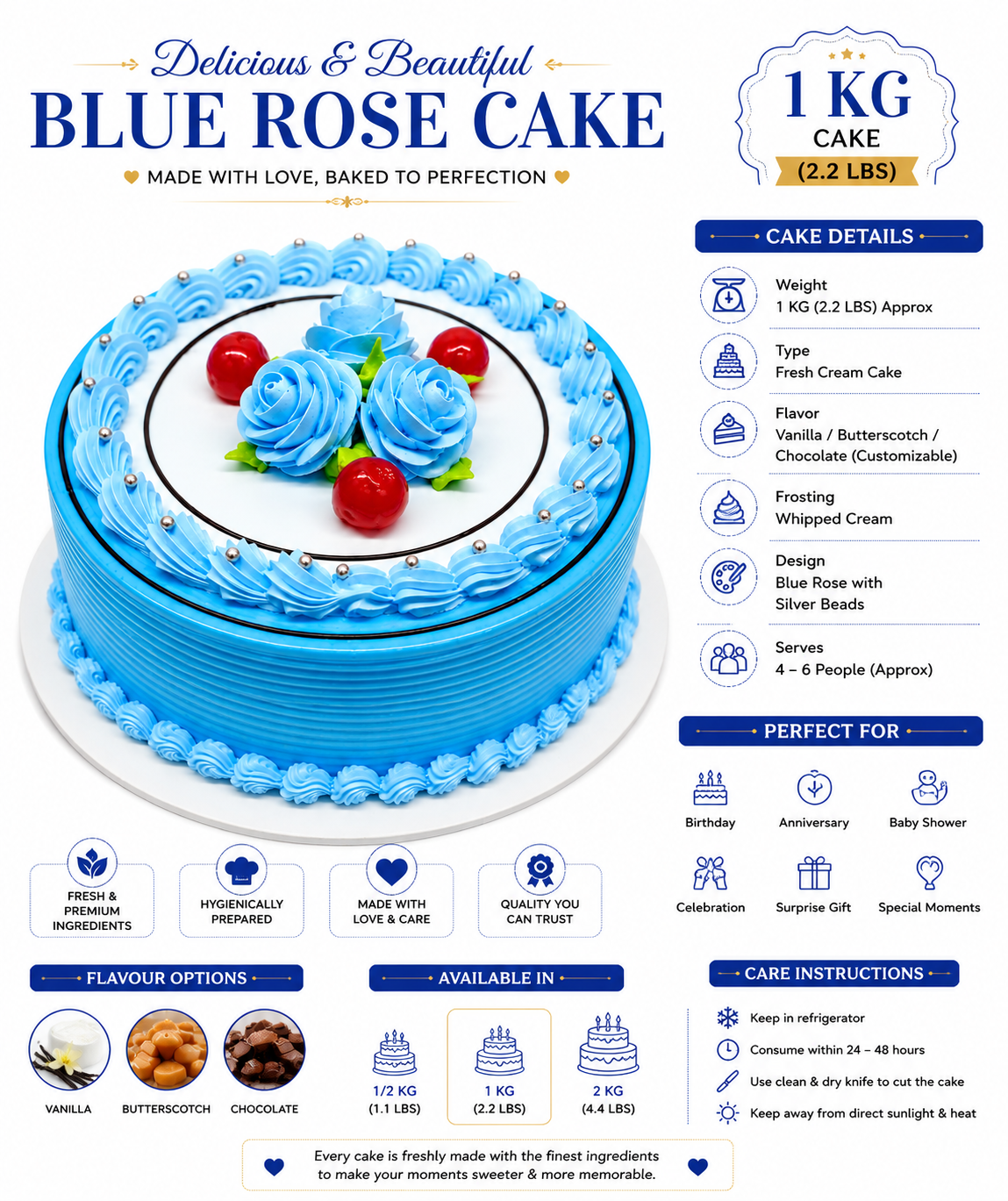 Premium Blue Rose Birthday Cake 1 Kg | Designer Buttercream Celebration Cake | Chocolate Drip Cake | Custom Round Cake for Birthday & Anniversary | Personalized Cake
