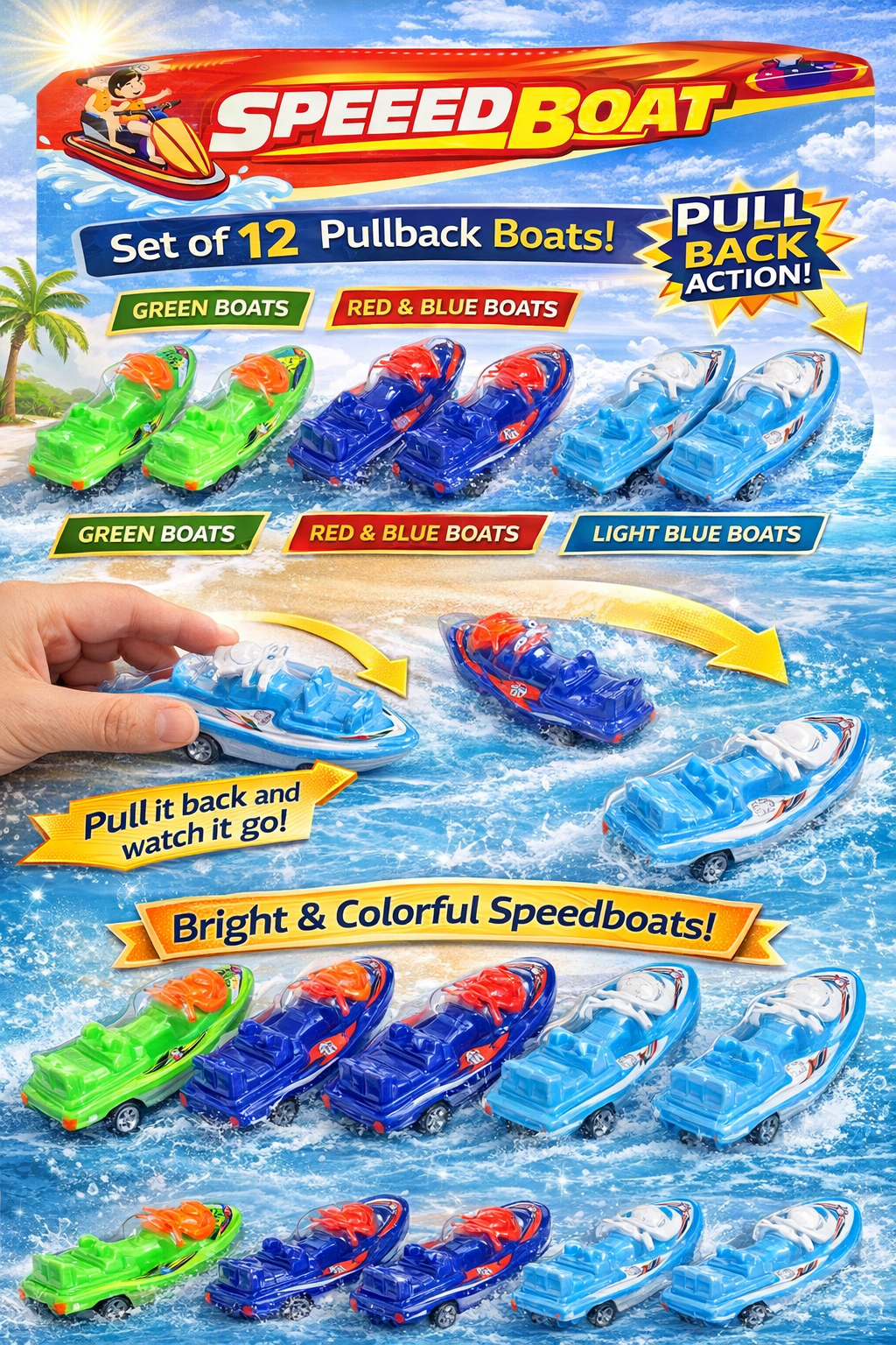 12-Pack Pullback Speedboat Toy Set – High-Speed Friction Powered Racing Boats – Bright Colors (Green, Red, Blue)
