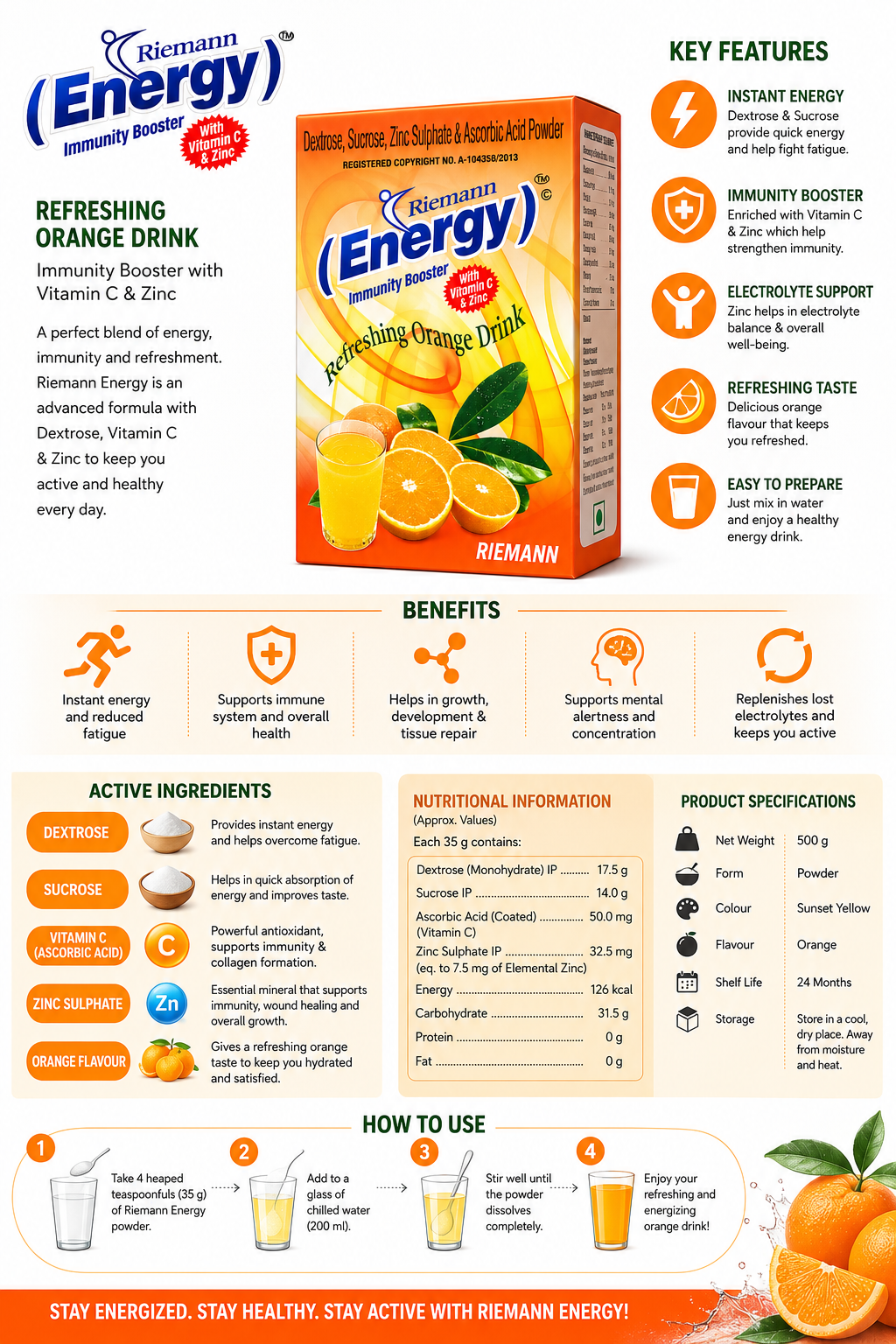 Riemann Energy Refreshing Orange Drink Powder 500g | With Vitamin C & Zinc | Dextrose & Sucrose | Orange Flavour Energy Drink Mix | Easy to Prepare
