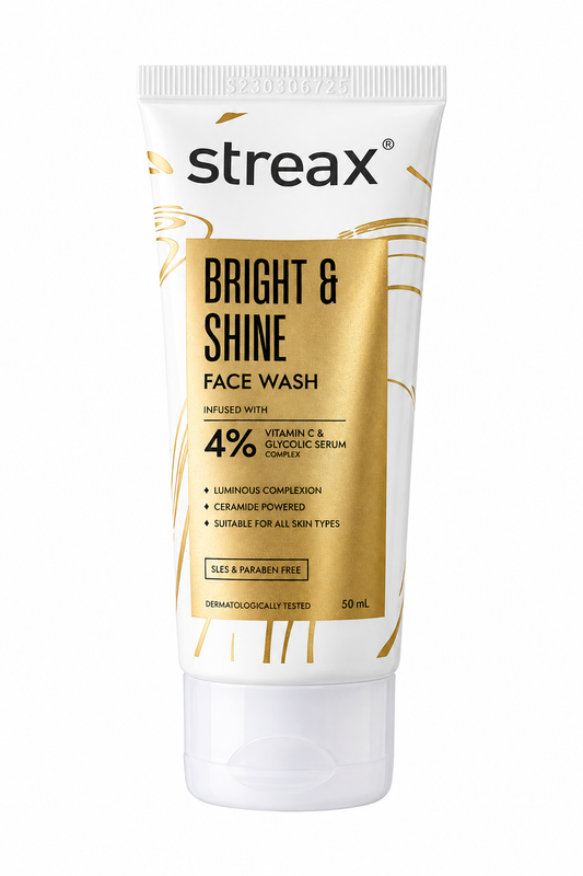 Streax Bright & Shine Face Wash with 4% Vitamin C & Glycolic Serum Complex, Ceramide, Deep Cleansing & Skin Brightening Face Cleanser, SLES & Paraben Free, 50 ml