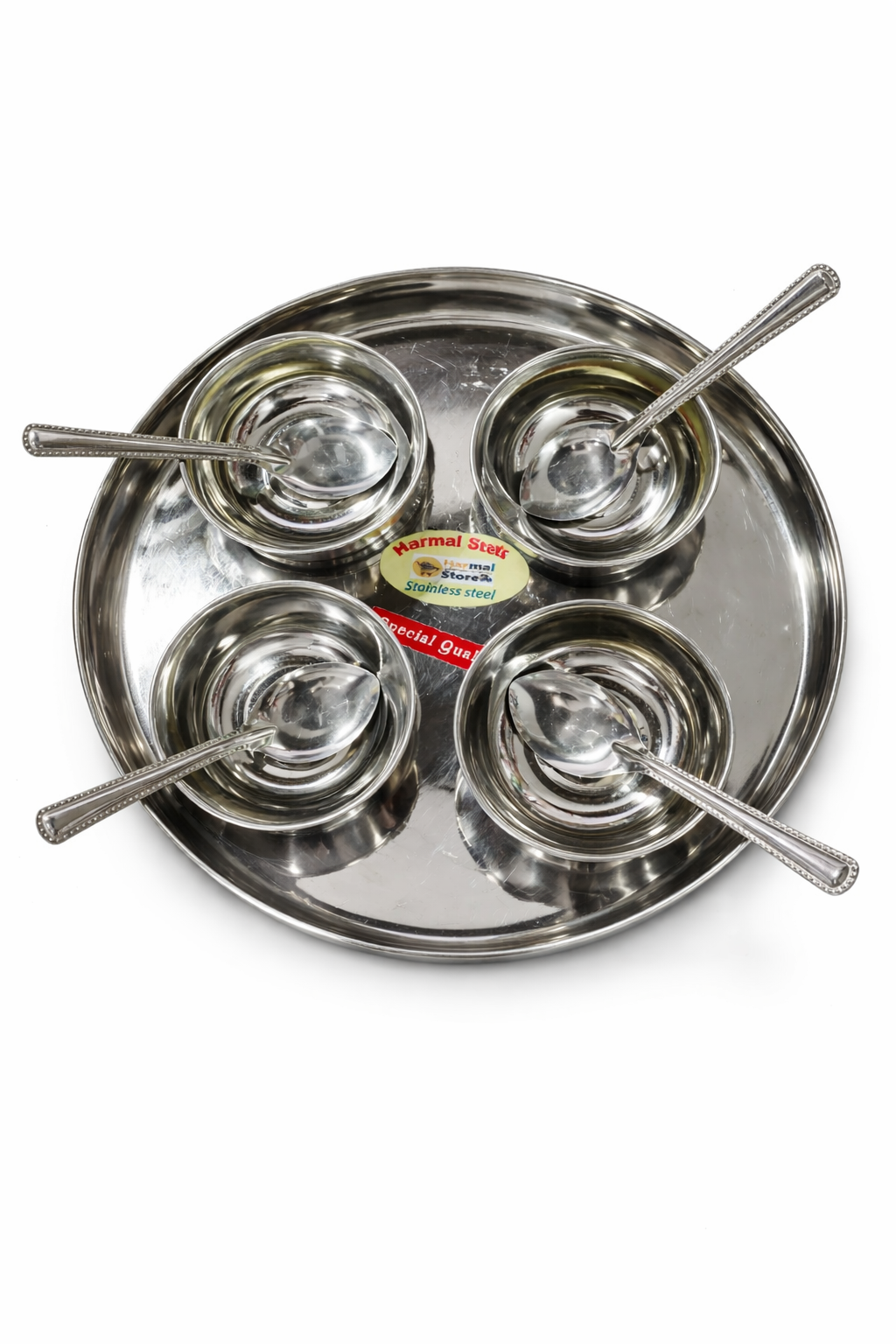 Stainless Steel Serving Set with Tray (4 Bowls + 4 Spoons) | Rust-Resistant Mini Katori Set for Chutney, Spices & Serving | Durable Steel Dinnerware Set